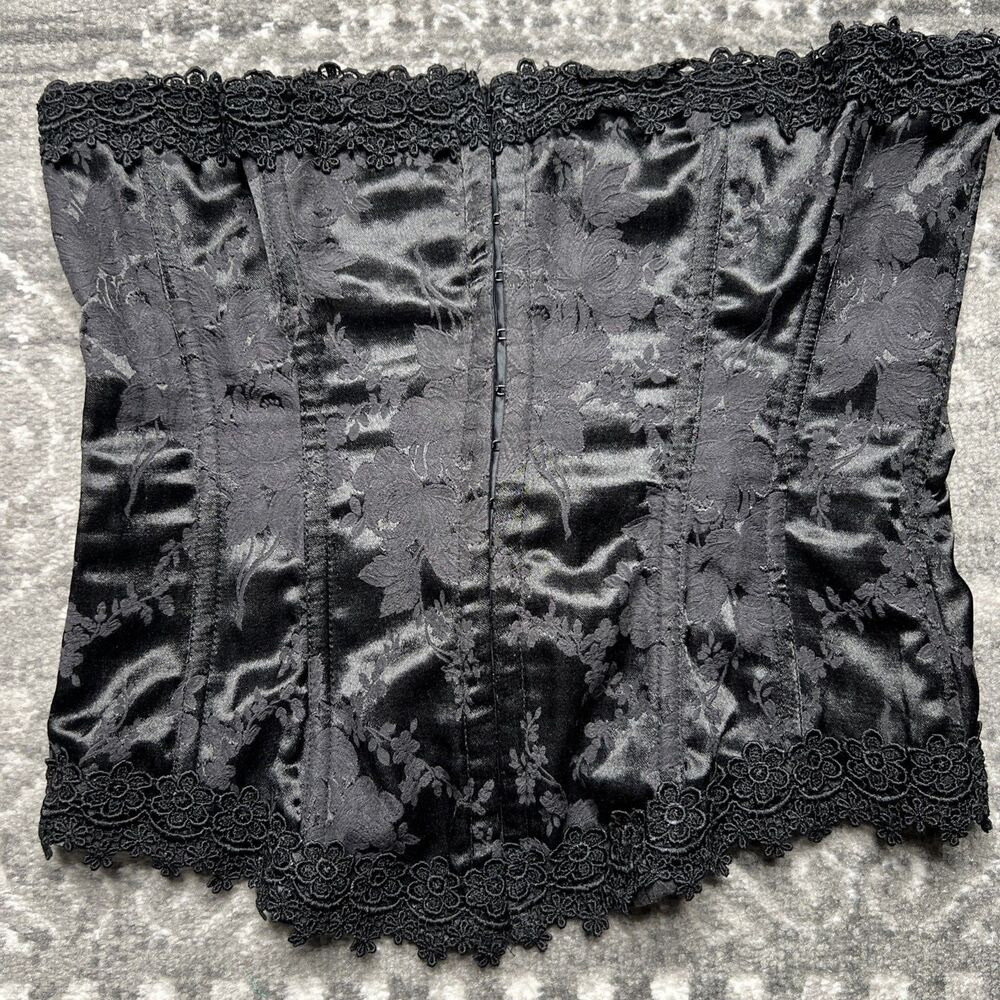 SHIRLEY OF HOLLYWOOD Corset Black Size 36 Jacquard Lace Hook And Eye Whimsygoth